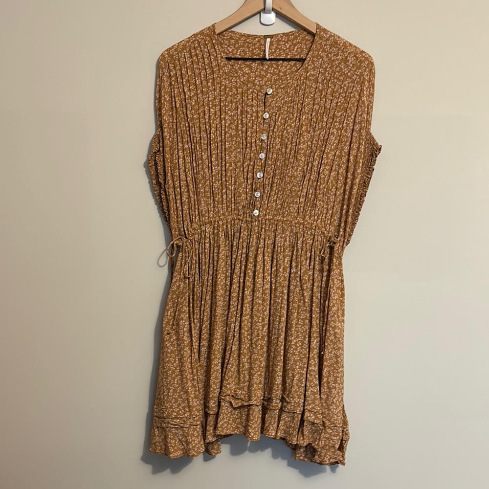 Free People Tan Sleeveless Smocked Mini Dress